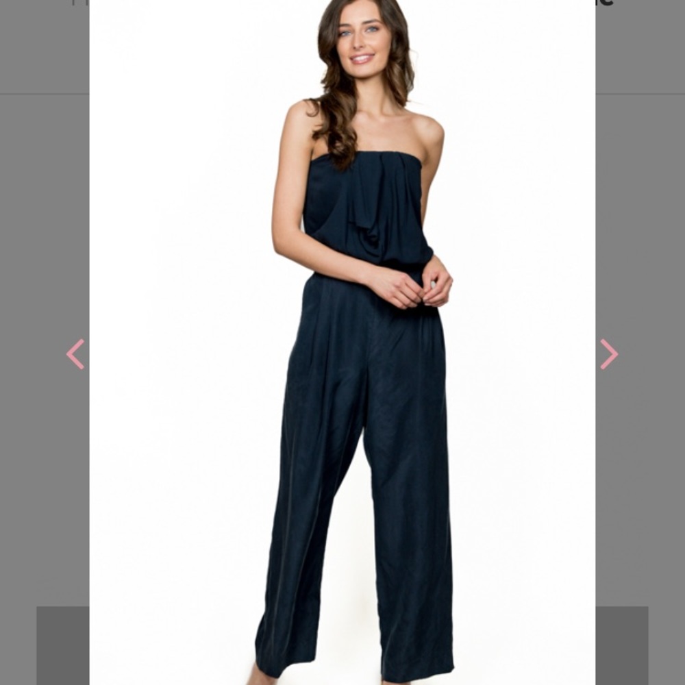 Silk navy blue strapless wide leg jumpsuit
